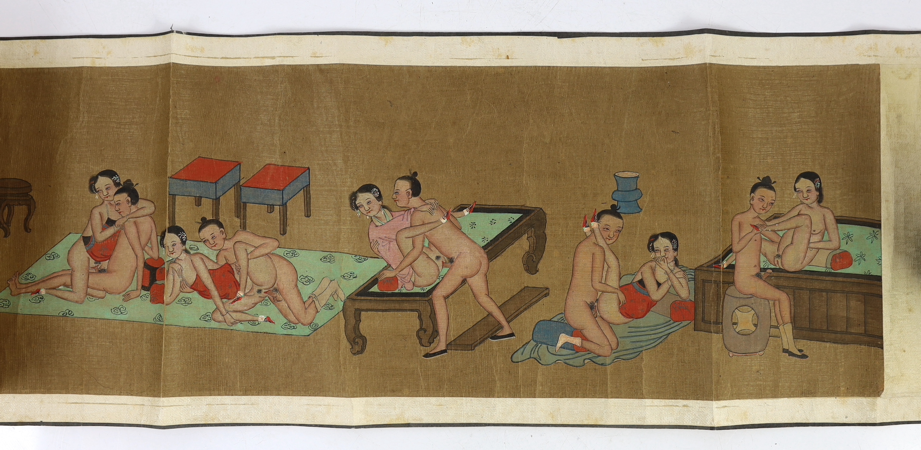 A Chinese erotic hand scroll on silk, early 20th century